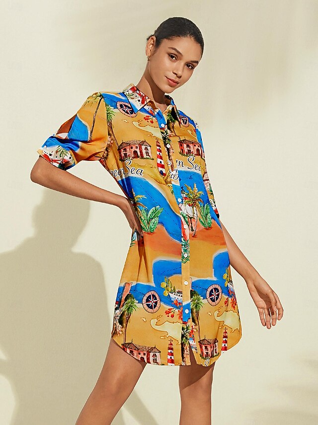 Satin Coastal Map Graphic Print Mini Dress