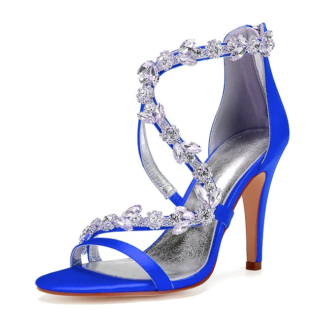 High Pink Satin Sandals Women's with Heel Rhinestone Floral