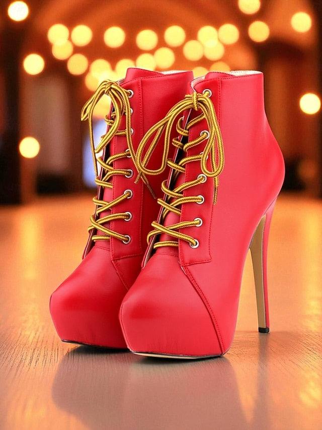 Beige Faux Lace-Up Women's Leather - Platform Boots Ankle