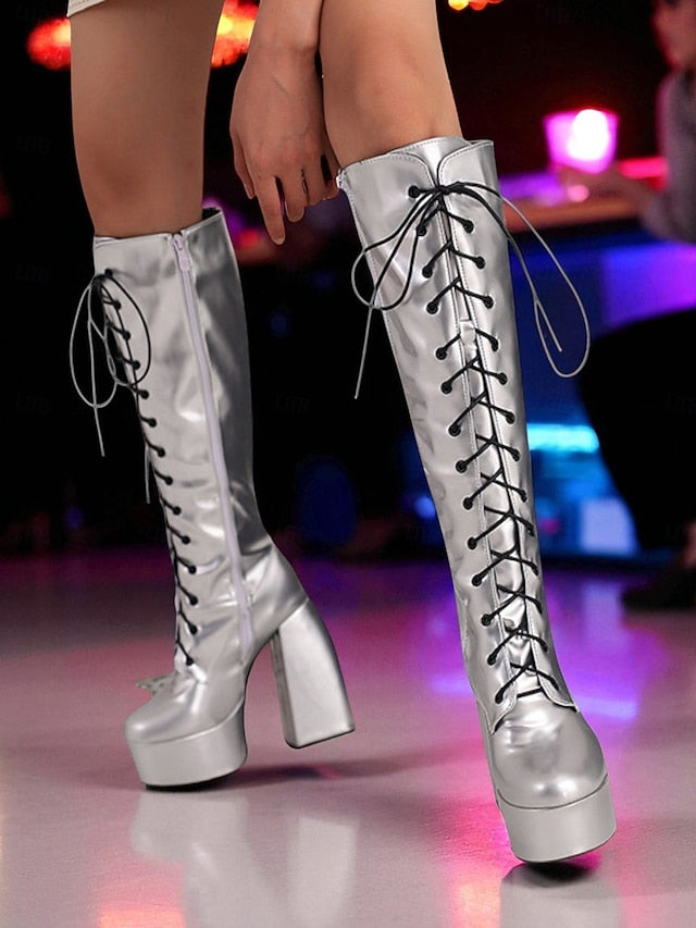 Women's - Lace-Up Silver Platform High Boots Knee Metallic