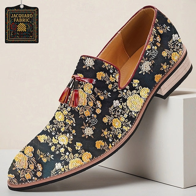 Men's for Loafers with Pattern Jacquard Floral Tassels