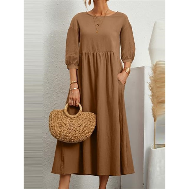 Women's Blue Black White Summer Spring Midi Dress Faux