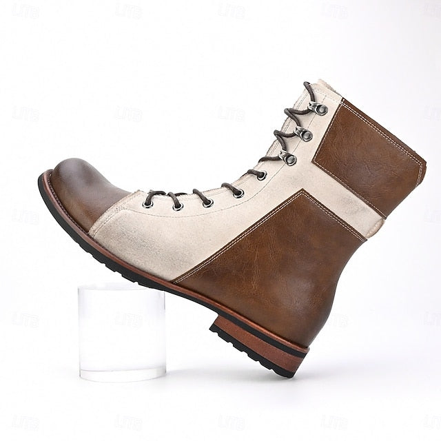 Lace-Up Boots Vintage Leather Faux Men's Mid-Calf Two-Tone