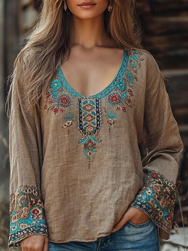 Women's Western Blouse Boho Shirt Blouse Flower Boho Long