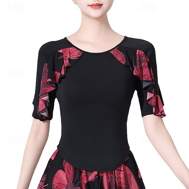 Latin Dance Top Printing Ruffle Splicing Women's