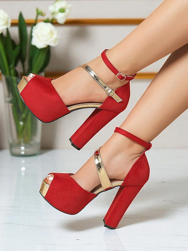 - Toe Platform Block Red Sandals Suede Women's Heel Peep