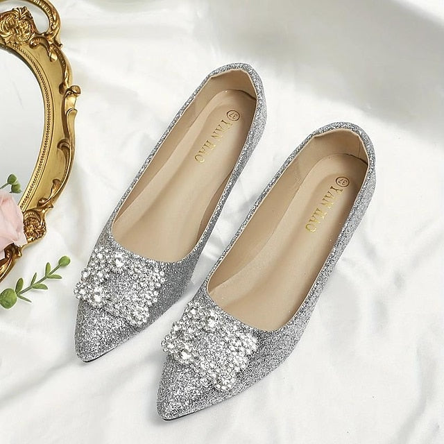 with Rhinestone Embellished Flats Women's Glitter Silver