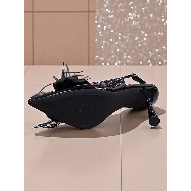 with Black Heels Slingback Women's Patent Feather Leather
