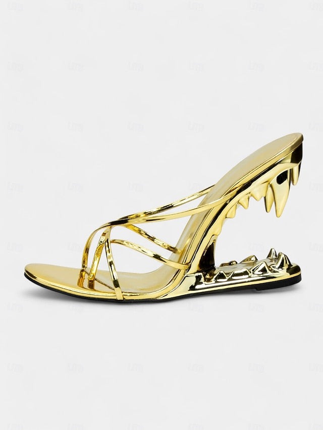 Gold Design Sculpted Metallic - Heel Flat Sandals Unique with