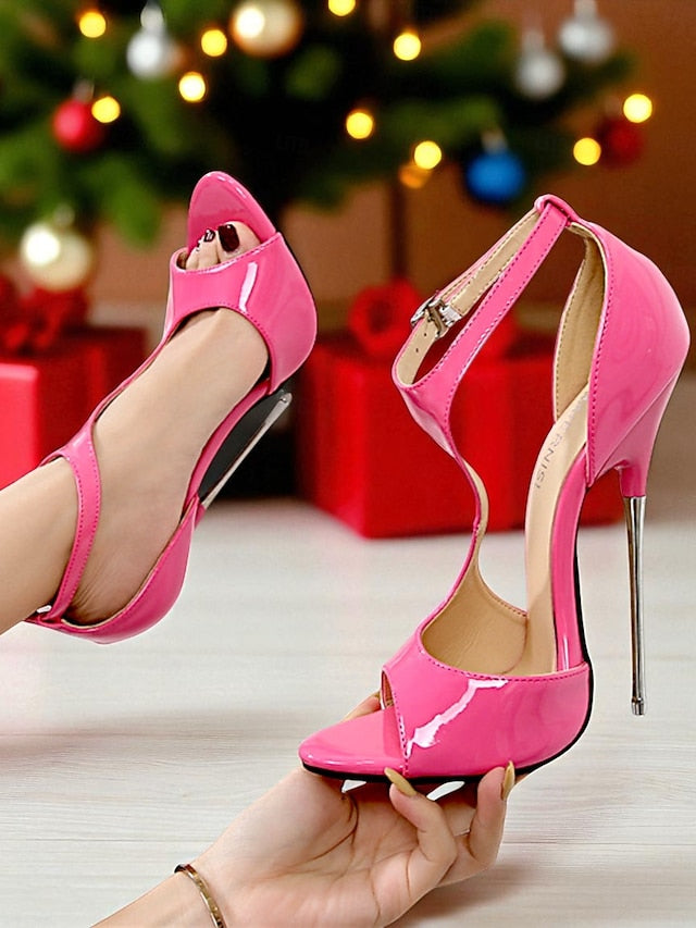 Heels Open Women's - Stiletto Red Patent Leather Strappy
