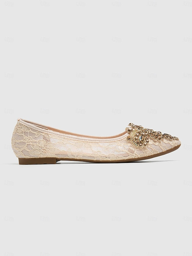 Beige Lace Women's Elegant Ornate Ballet with Flats