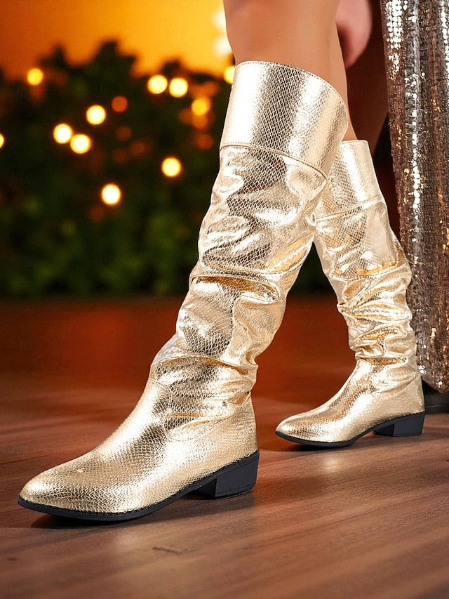 Slouch Knee - Gold Boots Women's Metallic Party High Shiny