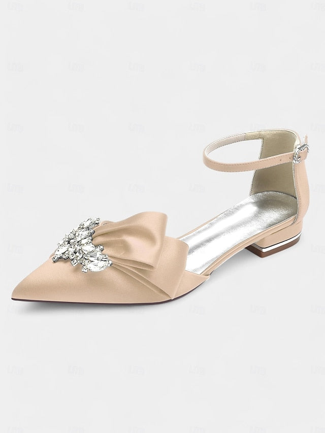 Rhinestone Pointed-Toe Heels Satin with Ankle White Bow and