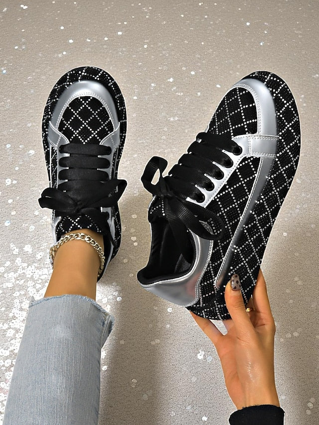 Quilted and Women's Rhinestone Silver Sneakers - Black