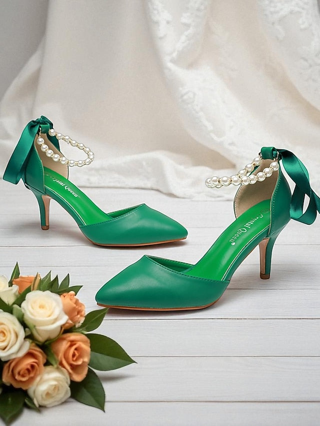 Ankle Bow Heel Pearl Women's Pumps Strap - Blue Kitten with