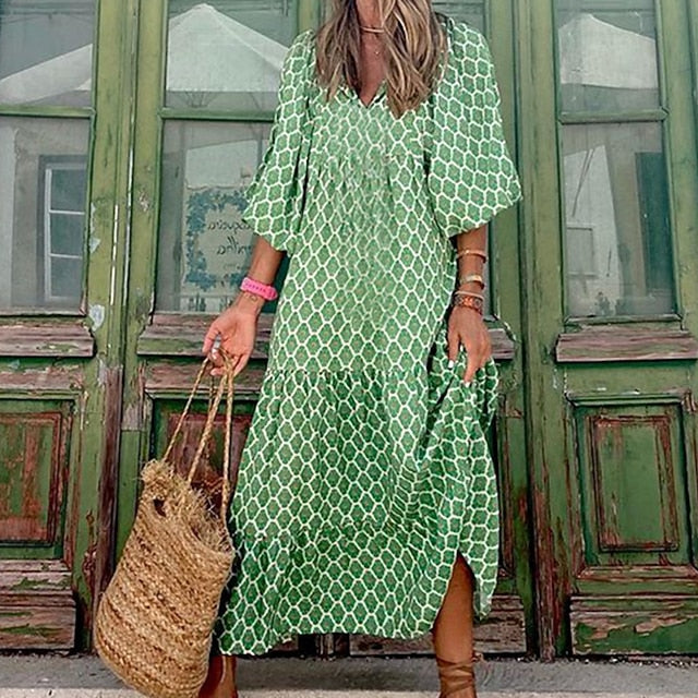 Women's Long Dress Boho Chic Dress Green 3/4 Length Sleeve