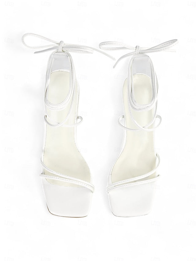 Block Women's Heel Clear White with Lace-Up Strappy Heels