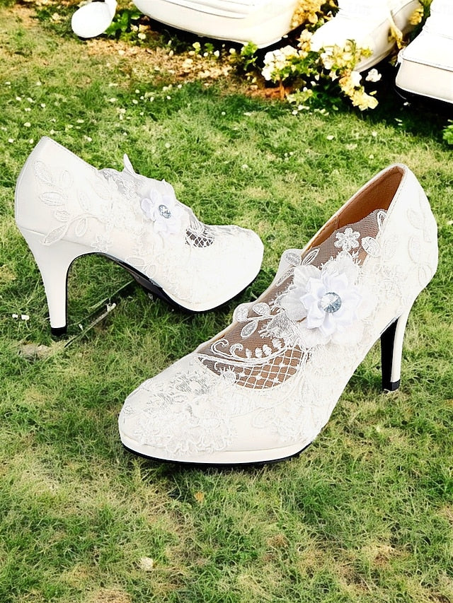 Heel Shoes High Floral – with Lace Embellishments White Bridal