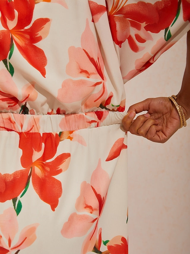 Vacation Pink Floral Print Waist cinching Chiffon Maxi Dress