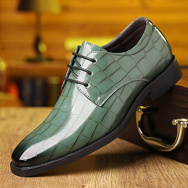 Men's – Print Leather Shoes Faux Green Crocodile Oxford