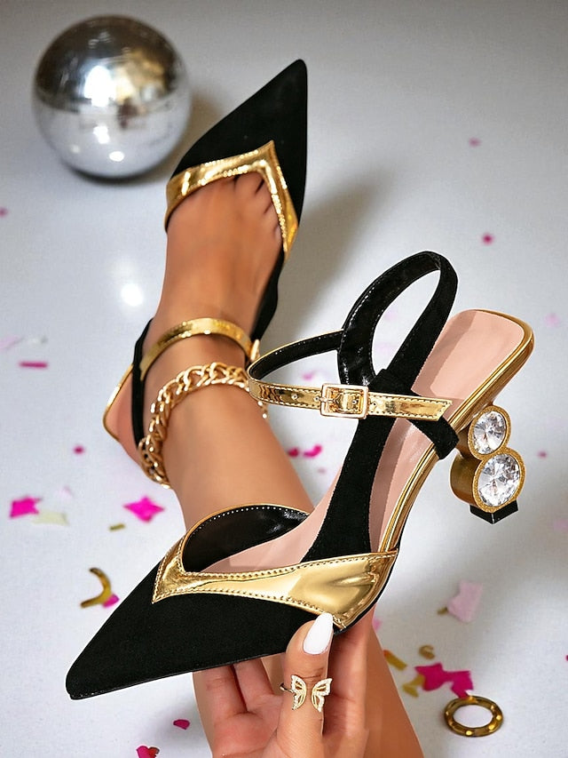 Gold Black Women's and - Toe Mid Pointed Pumps Slingback