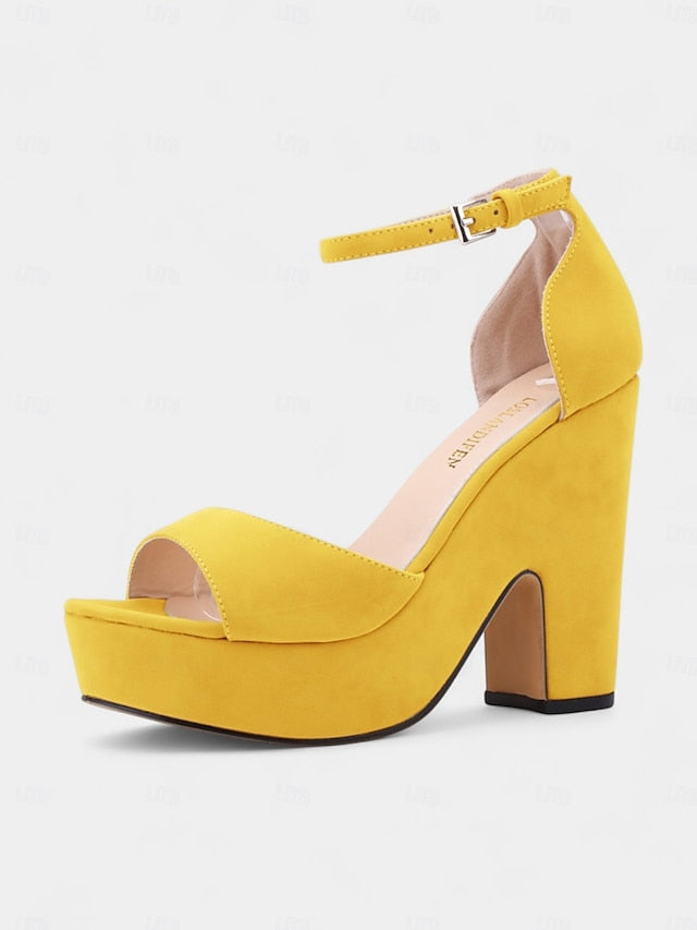 Platform Heel Block Nude Chunky Women's Sandals - Suede