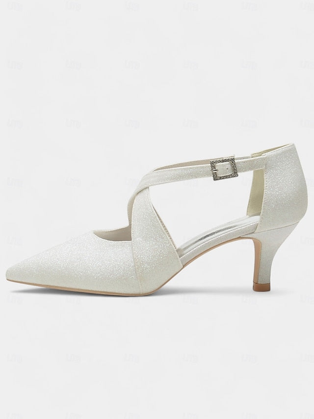 Strap Heels White Kitten Cross Buckle Glitter Rhinestone with