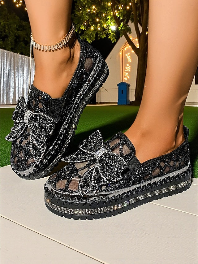 Women's Black Lace Shoes with Slip-On Rhinestone Bow