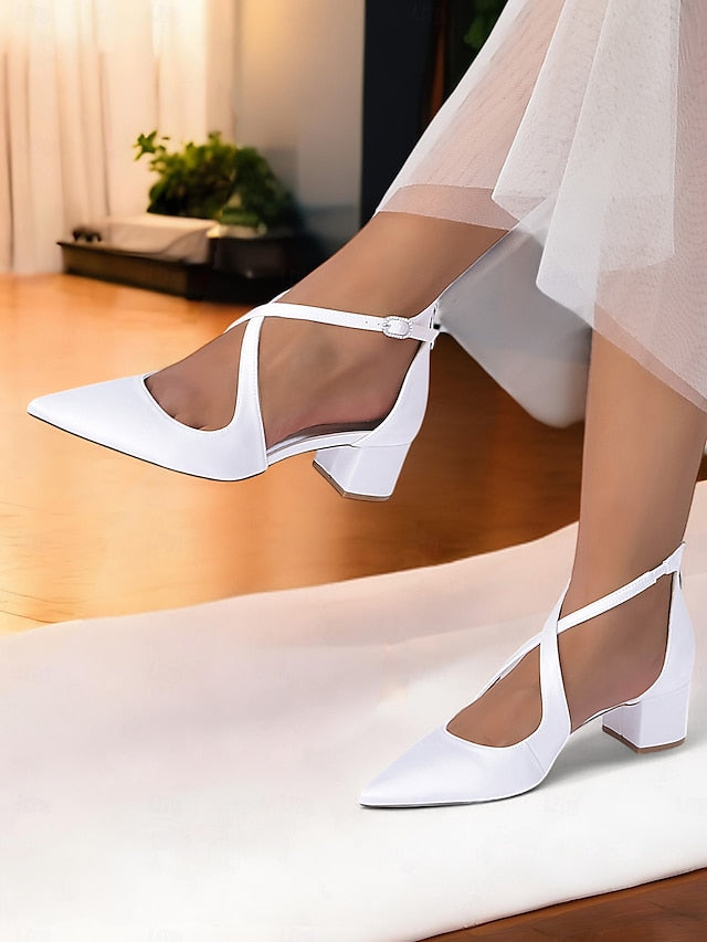Elegant Ivory Heels Satin Block Pointed Women's Toe -