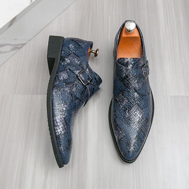 – Men Monk Classic Shoes Brown Strap Snake Print for Formal