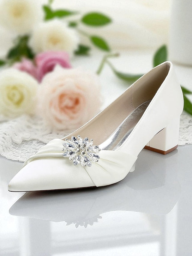Crystal Block White Pumps Low with Women's Heel
