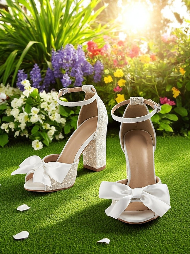 Glitter Ankle Heel Block Women's Wedding Sandals White with