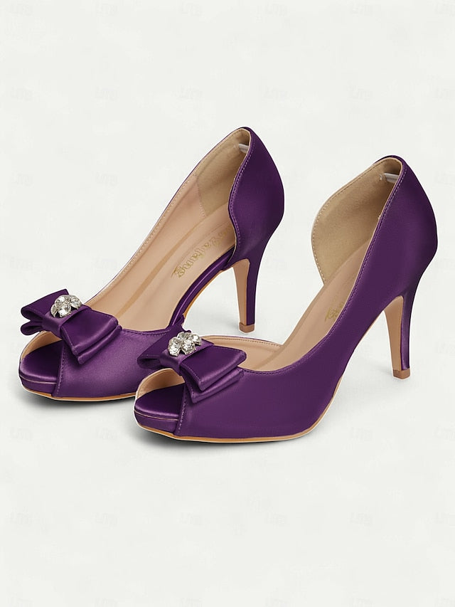 and Women's Champagne Heels with Bow Peep Satin Toe