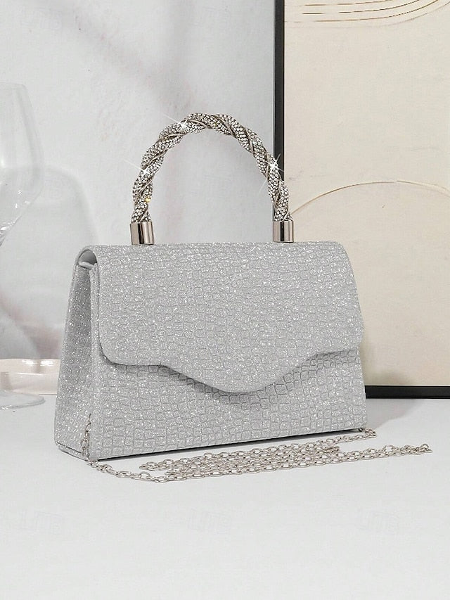 Silver Handbag Glitter Women's – Rhinestone Handle with