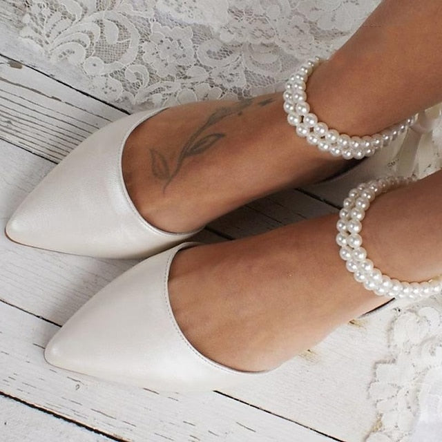 Flats Women's Ankle Elegant White – Pearl Strap Bridal