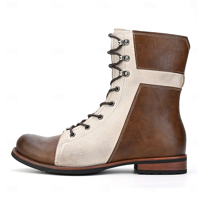 Lace-Up Boots Vintage Leather Faux Men's Mid-Calf Two-Tone