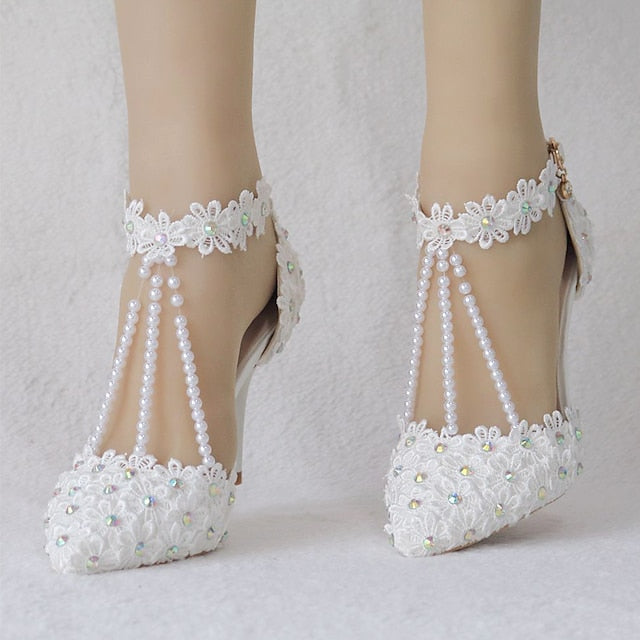 Lace Heel High Shoes Pointed Women's Bridal Wedding