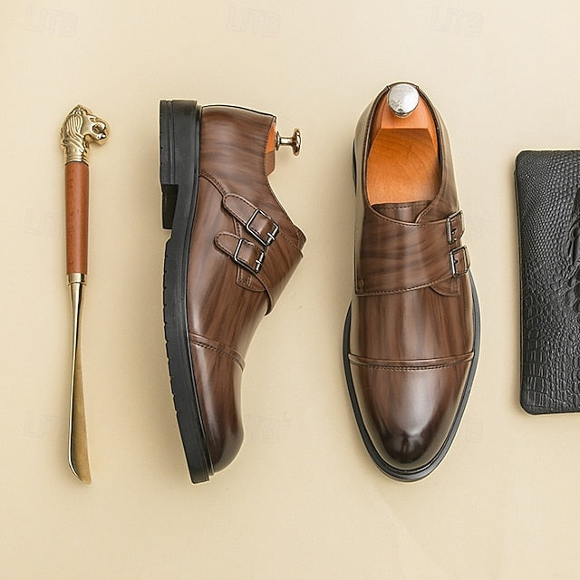 Shoes Strap Faux Men's –  Leather Double Monk Brown