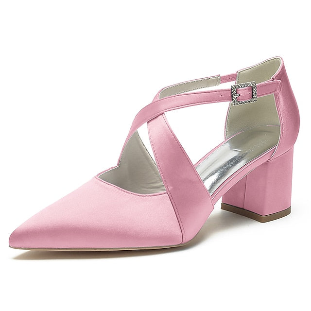 Heels Elegant Women's Pointed – White Toe Block Satin