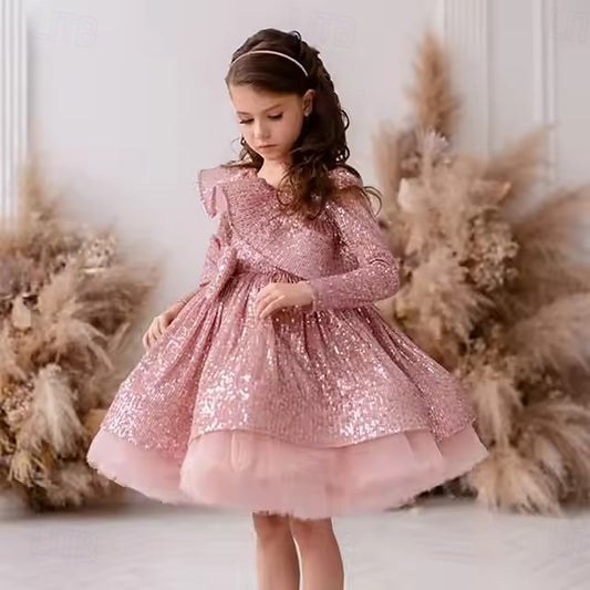 Girls' Sleeve Party Long Solid Dress Color Performance Kids