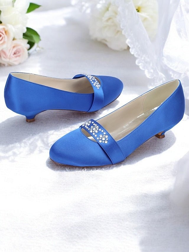 Kitten with Rhinestone Women's Blue Satin Heels