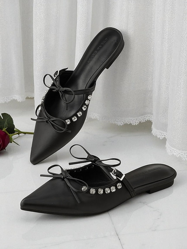 with Rhinestone Women's Pointed Toe Black Flats