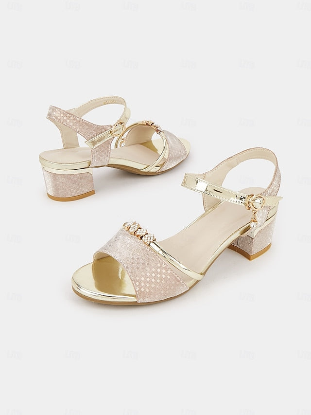 Heel for Block Women Sandals – Rhinestone-Embellished Gold