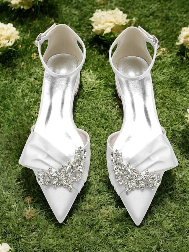 Rhinestone Pointed-Toe Heels Satin with Ankle White Bow and
