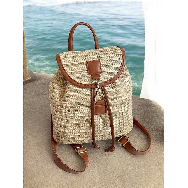 Women Backpack Straw for – Boho Rattan Travel with Woven Bag