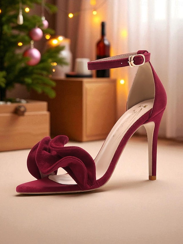 Red Heel Velvet Ankle Strap - Elegant High Sandals Women's