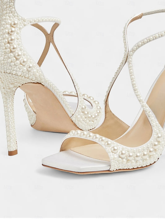 Ankle Pearl-Embellished Stiletto White Open-Toe with Sandals