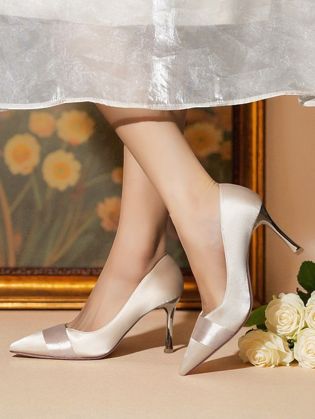 - Satin Pointed Heel Women's Champagne Toe High Pumps