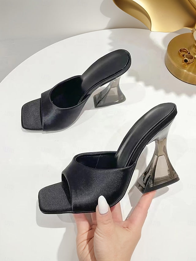Heels Block Open-Toe for with Satin Green Mules Transparent