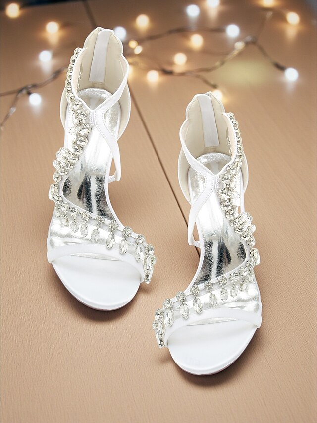 with High Rhinestone White Women's Sandals Heel Strappy